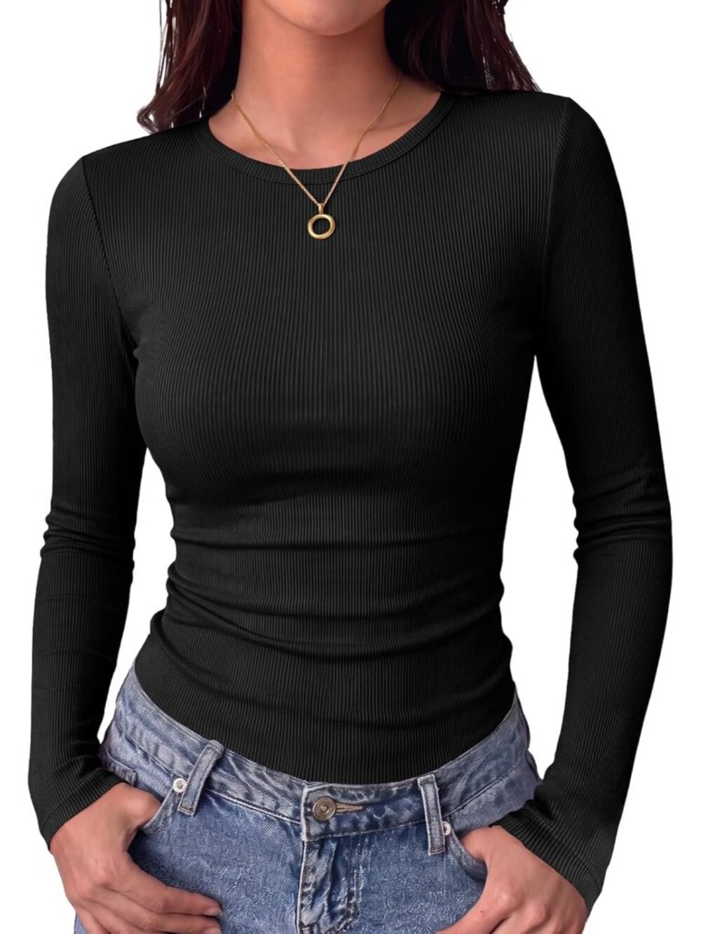 Women's Black Ribbed Knit Basic Crewneck Long Sleeve Slim Fit Trendy T-Shirt